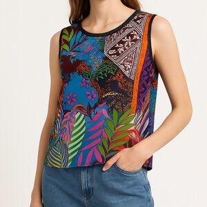 VintageY2K Top Sheer Mesh Vibrant Botanical Floral Graphic Blue Green Burgundy M